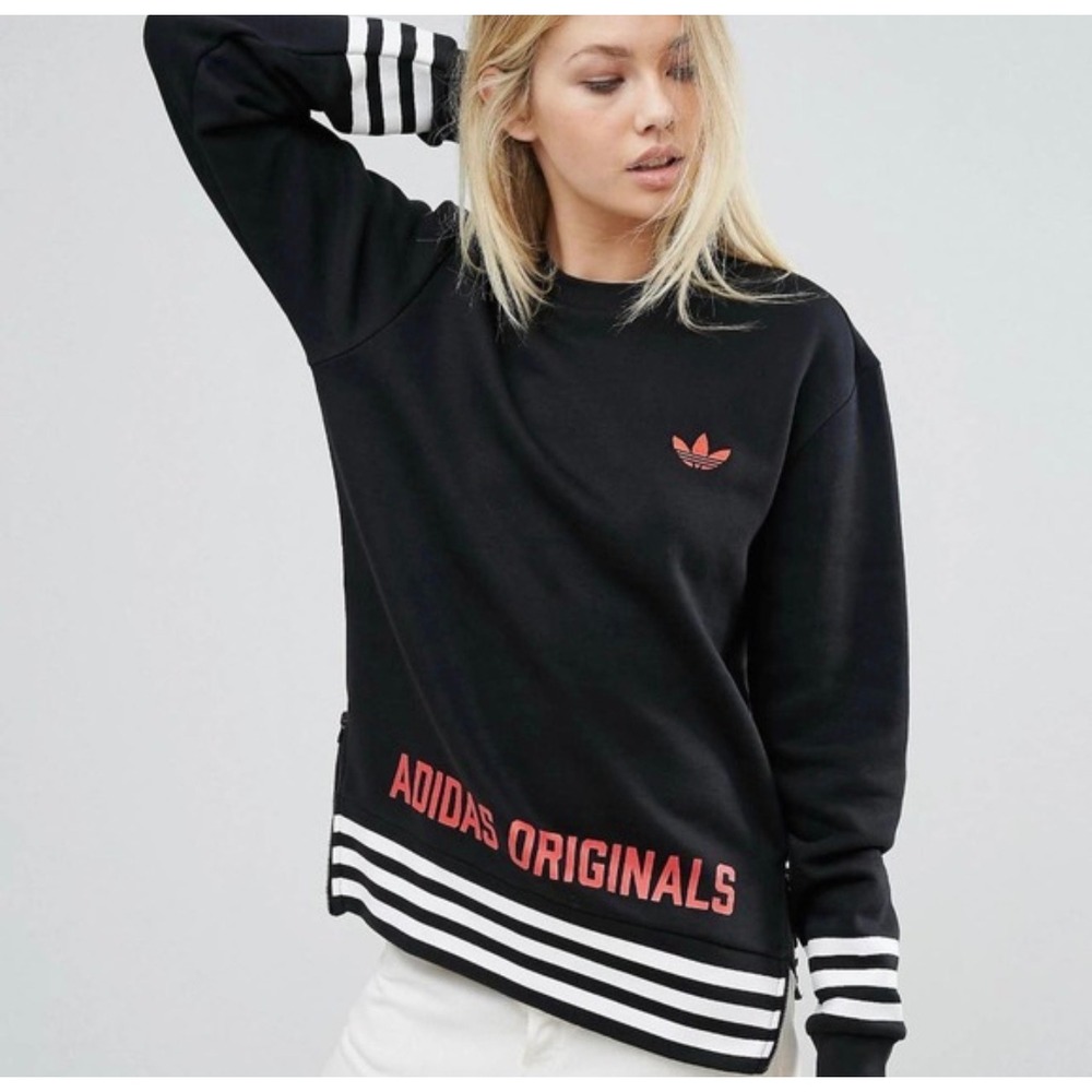 Adidas Originals Sweatshirt Unisex Large Black Red Trefoil Side Zip Pullover